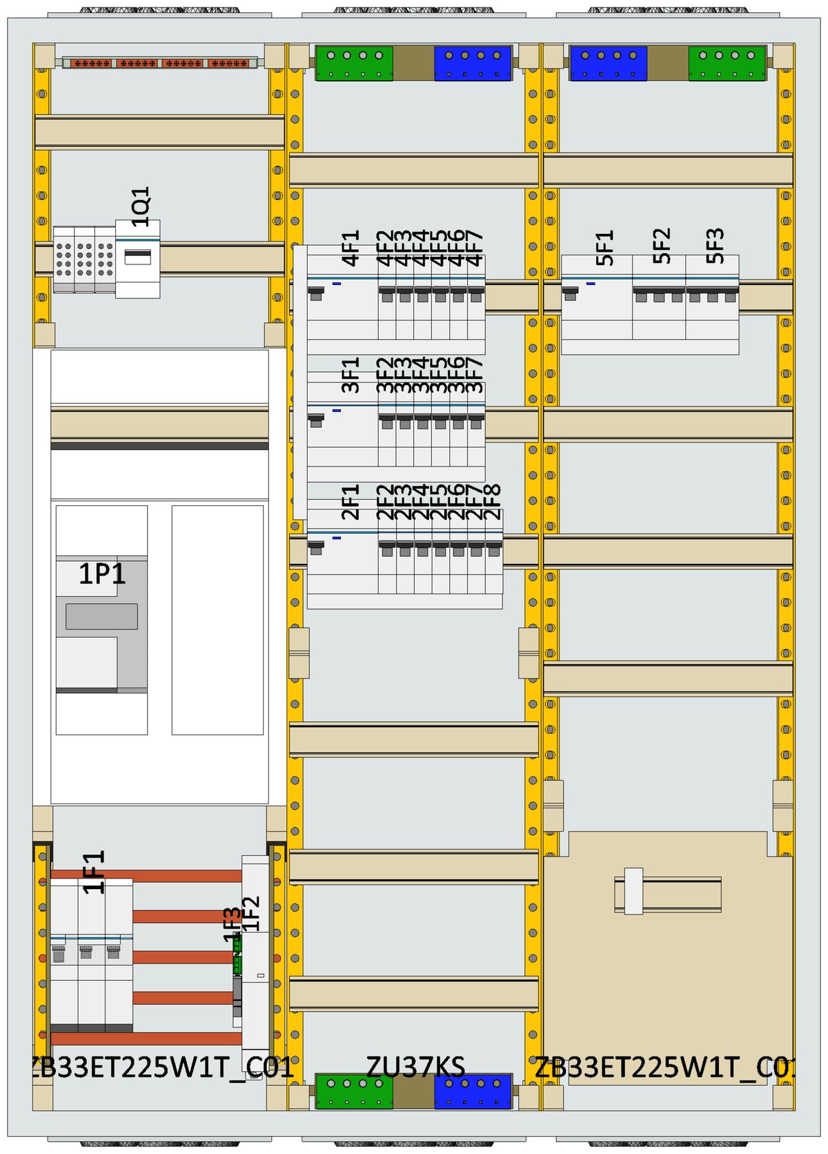 Dreifeldriger 63-A-Zählerschrank in der Innenansicht: Zählerplatz, SLS-Schalter, Verteilerfeld mit FI-Schutzschaltern und Leitungsschutzschaltern